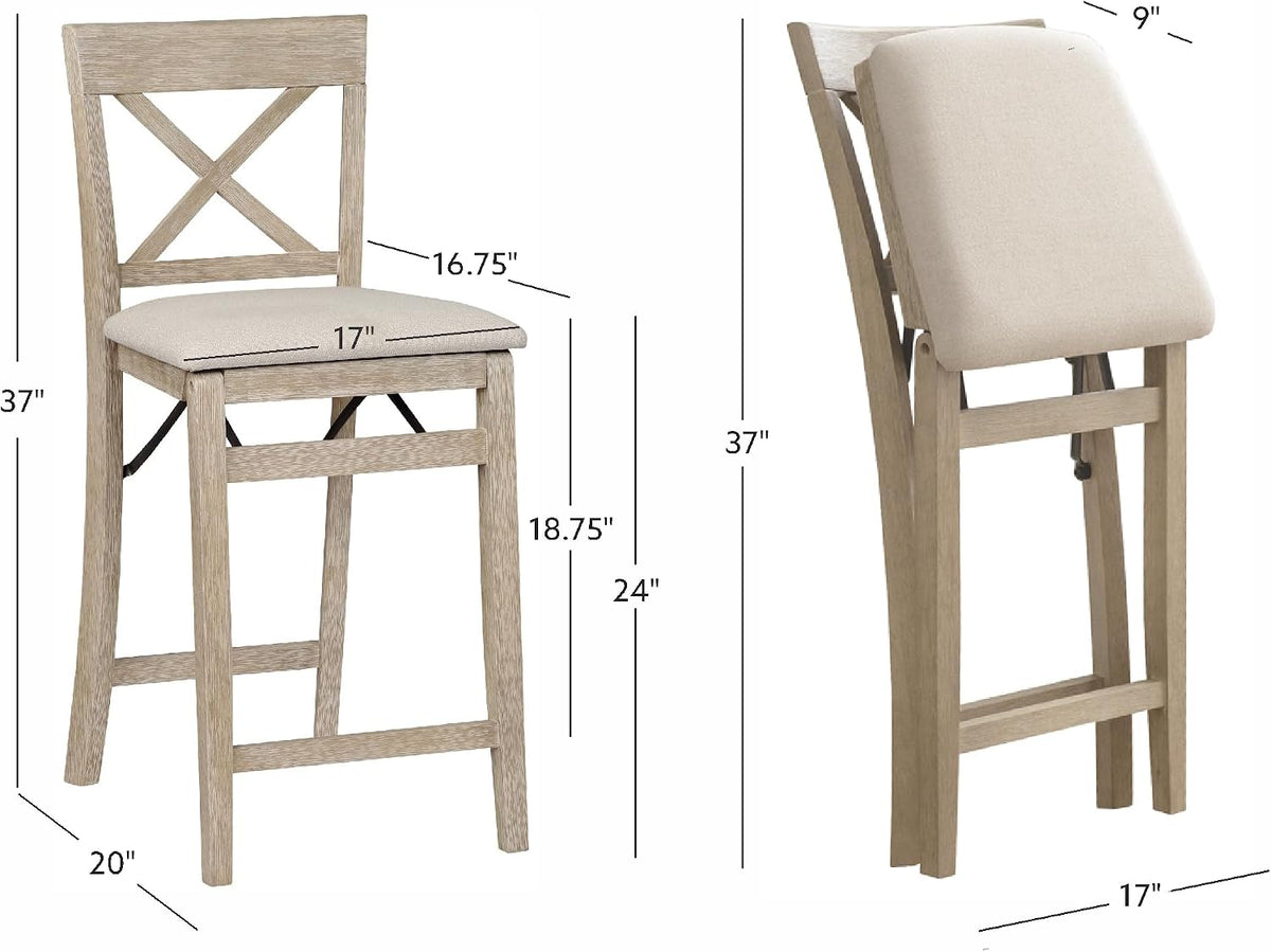 Linon Triena X Back Neutral Greywash Wooden Fully Assembled Folding 24 Inch Seat Height Counter Stool with Beige Upholstered Seat
