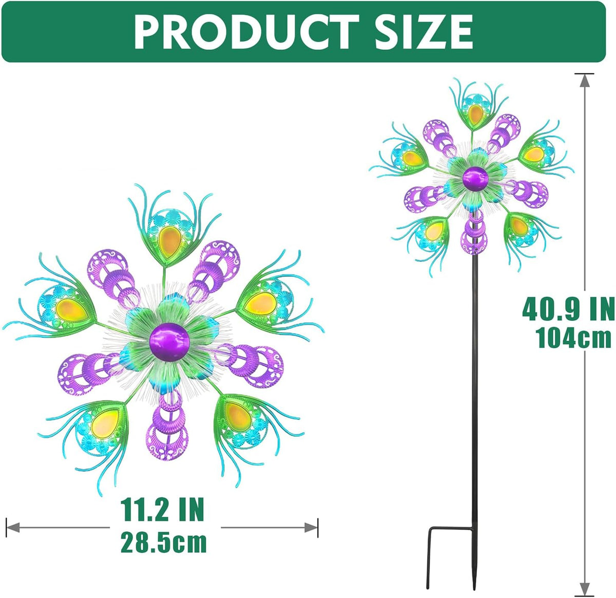 Solar Peacock Wind Spinners for Yard & Garden - 40 Inch Metal Wind Sculpture, Kinetic Windmill with Multi Color LED Lights, Lawn & Patio Art Decor