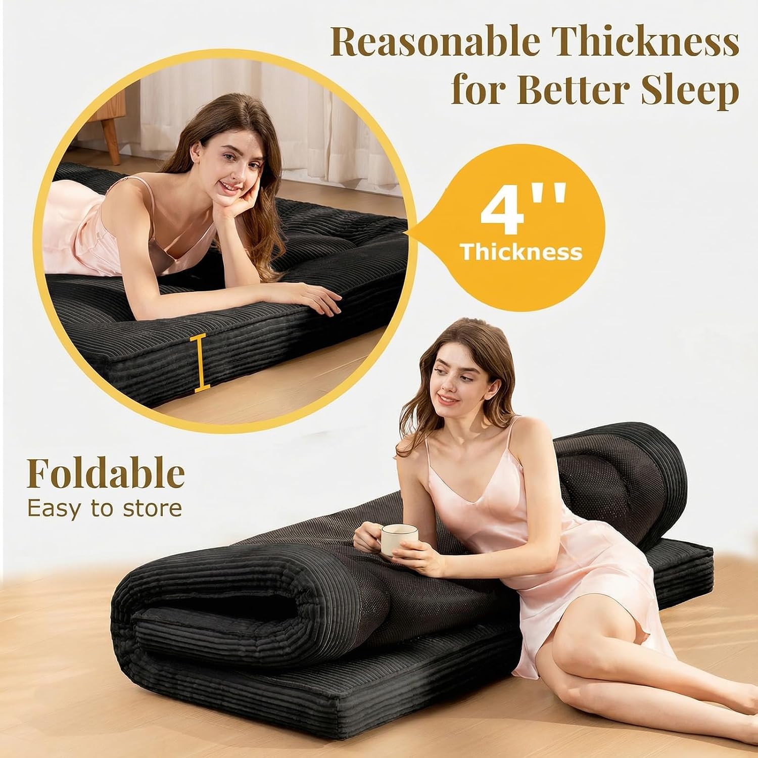 cidludto Japanese Futon Mattress Full Size Foldable, 4" Floor Mattress Futons Sofa Couch Bed for Adults, Thicker Tatami Mat Sleeping Pad, Floor Futons Cushions, Black
