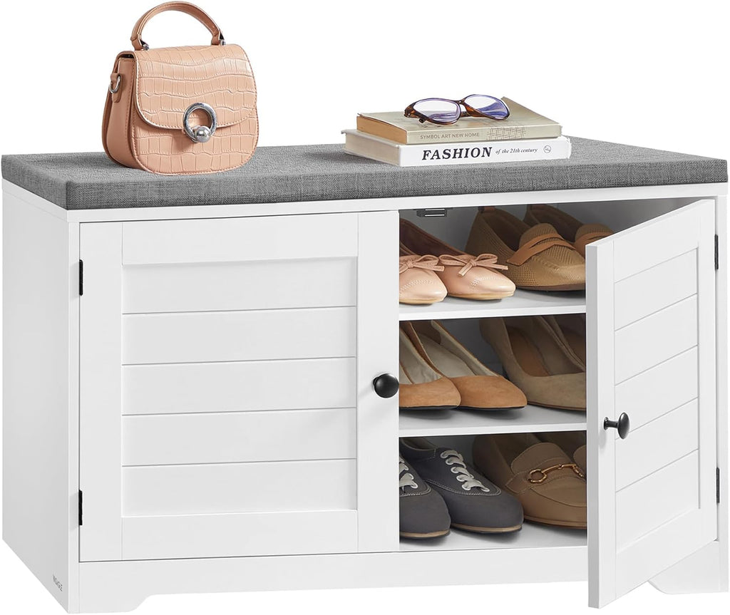 VASAGLE 3-Tier Shoe Storage Bench with Cushion, 14 x 31.9 x 20.7 Inches | Doors, Adjustable Shelves, for Hallway, Bedroom, Cloud White and Dove Gray, SOFIE Collection ULSB034W01