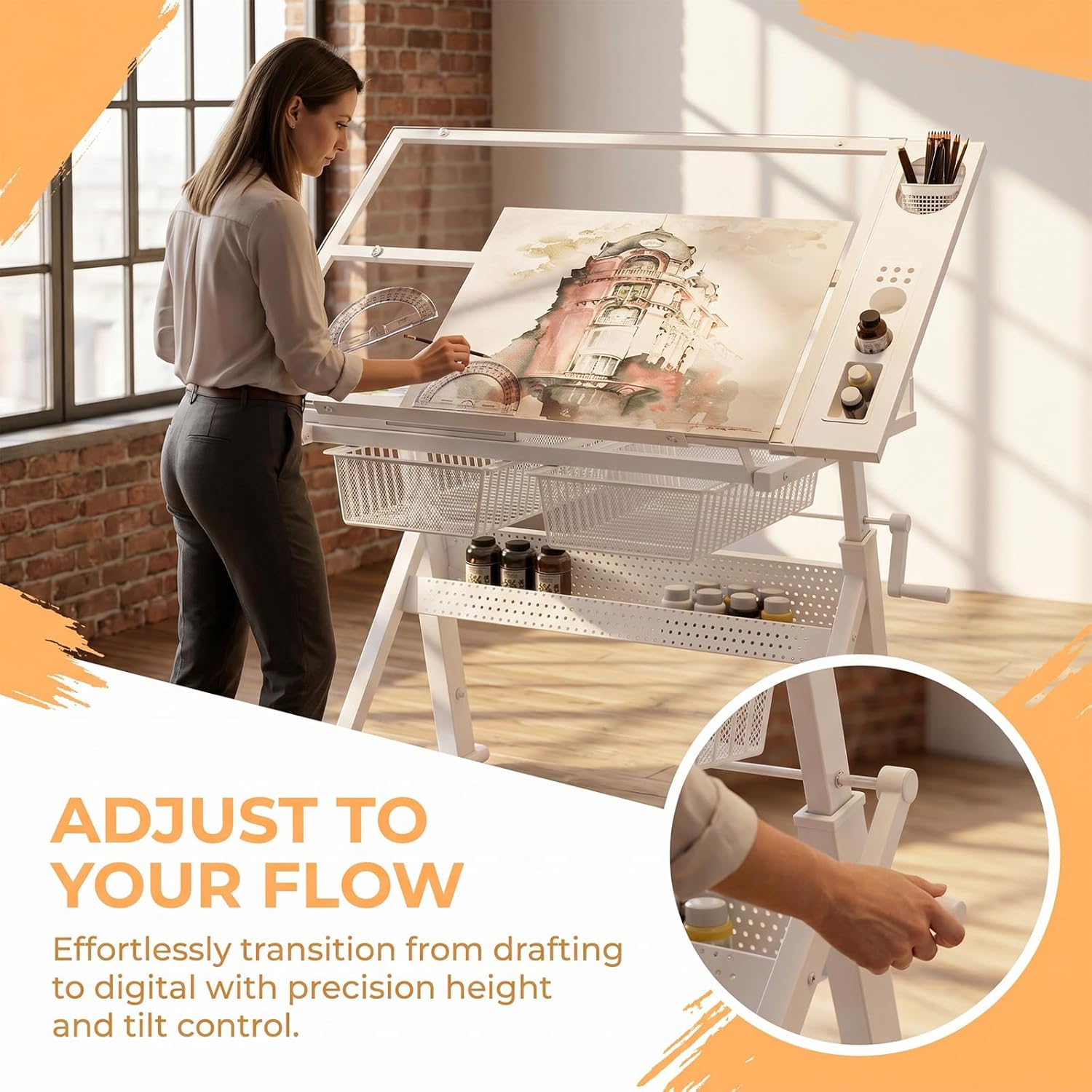 Drafting Table w/Art Stool, Hand Crank Height Adjustable Drawing Desk for Adults with Tilting Glass Top (0-70°), 2 Storage Drawers, Artist Table for Painting & Sketching(White)