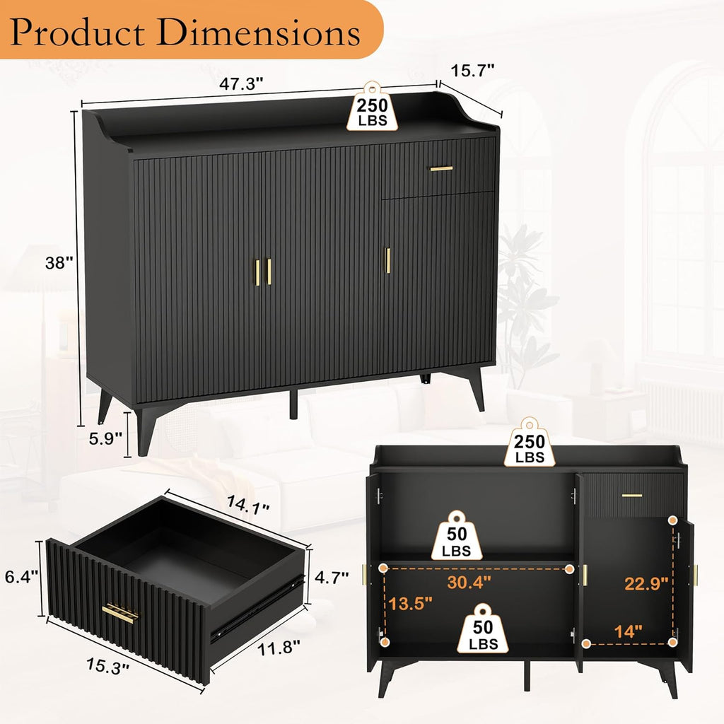 Sideboard Buffet Cabinet with Drawers: 47" Black Fluted Sideboard Cabinet with Storage, Modern Kitchen Cabinets Storage, Credenzas for Living Room (47")