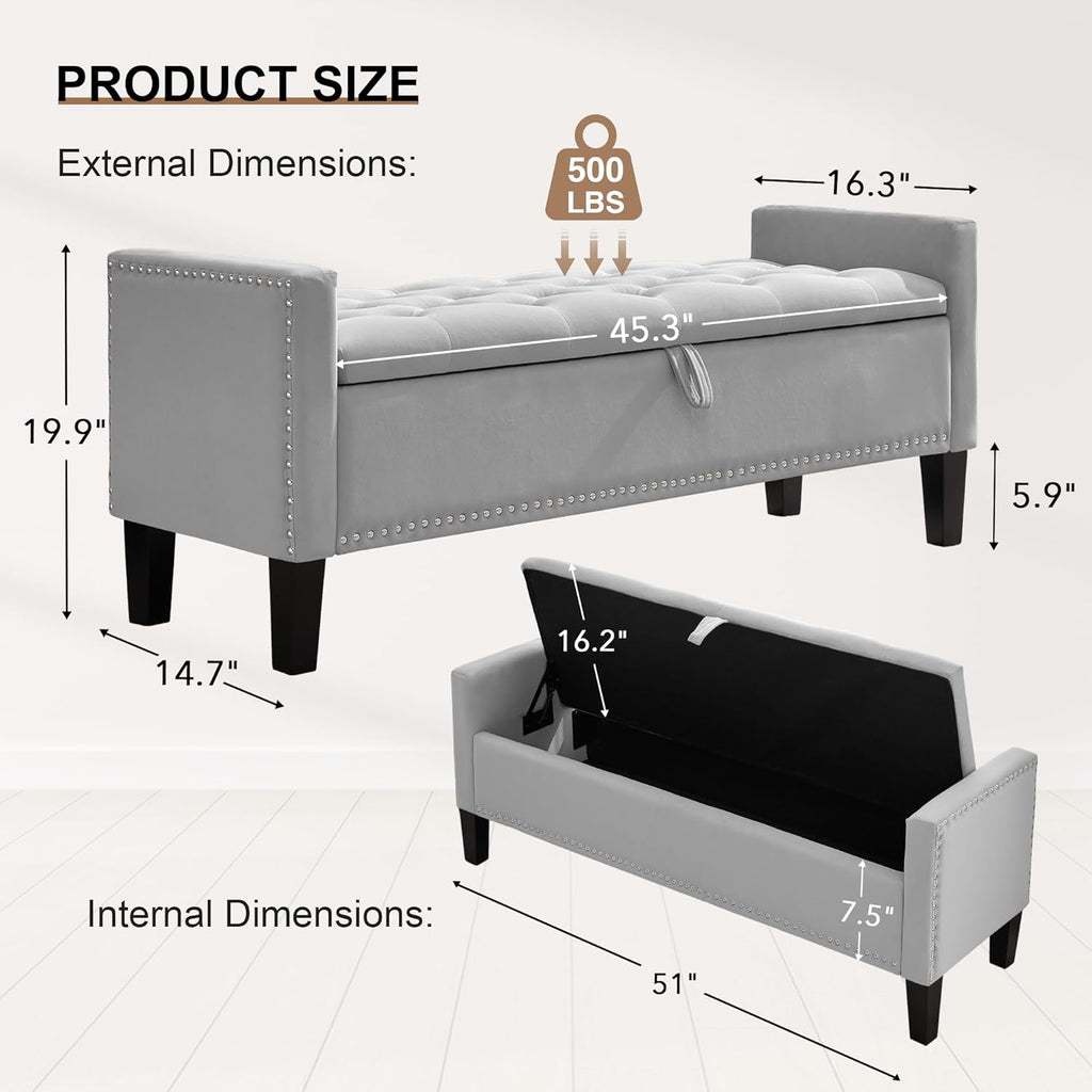 51" Storage Ottoman Bench, Velvet Large End of Bed Bench with Arms, Modern Storage Bench for Living Room, Bedroom, Entryway, Window, Holds up to 500 lb