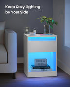 VASAGLE KAILYN Collection - LED Nightstand with Charging Station, 2 AC Outlets, 2 USB Ports, Bedside Table, Side Table with Drawer, Modern, 13.8 x 15.7 x 21.7 Inches, Cloud White ULET618T14V1