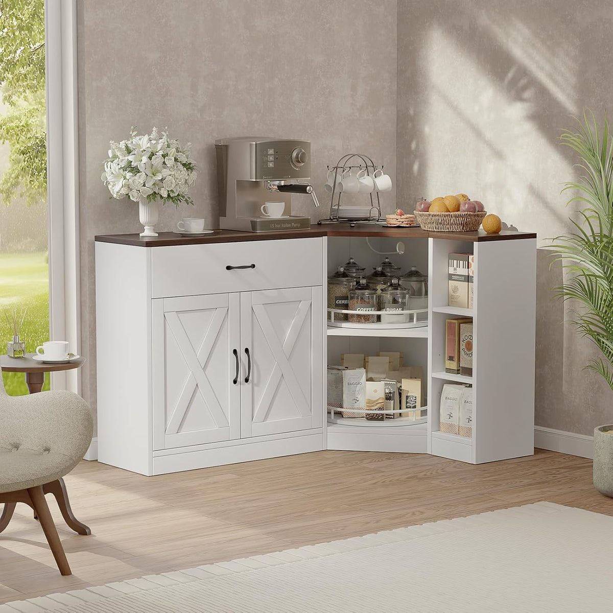 Corner Cabinet w/Charging Station, Kitchen Pantry w/Lazy Susan Turntable | Farmhouse Food Pantry Cabinet w/Drawer & Doors & Adjustable Shelf, L-Shaped Sideboard for Dining Room (White)