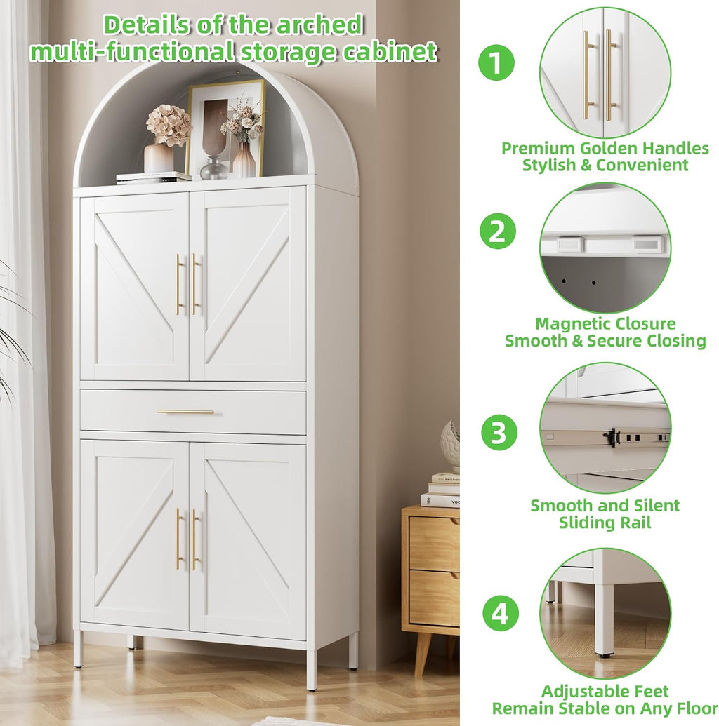73”H Metal Arched Kitchen Pantry Cabinet with 1 Drawer, Farmhouse Pantry Cabinet with 4 Doors and 3 Adjustable Shelves for Kitchen, Dining Room, White