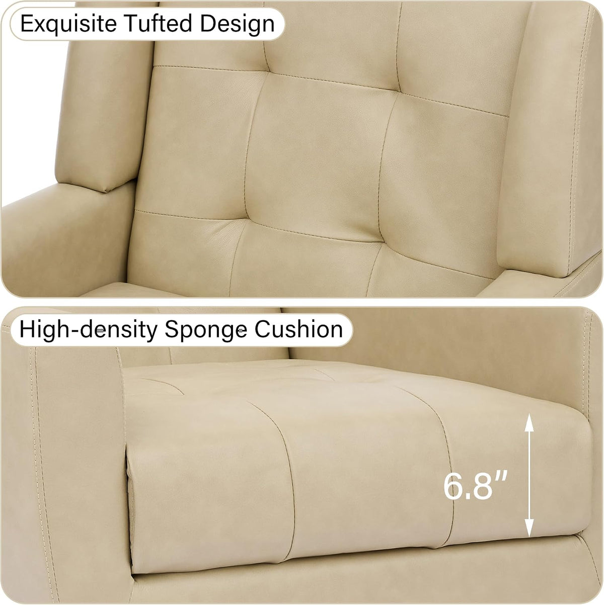 Accent Chair, Comfy Mid Century Modern Small Armchairs with Solid Wood Frame and Soft Cushion for Living Room, Bedroom (Faux Leather, Cream, Set of 2)