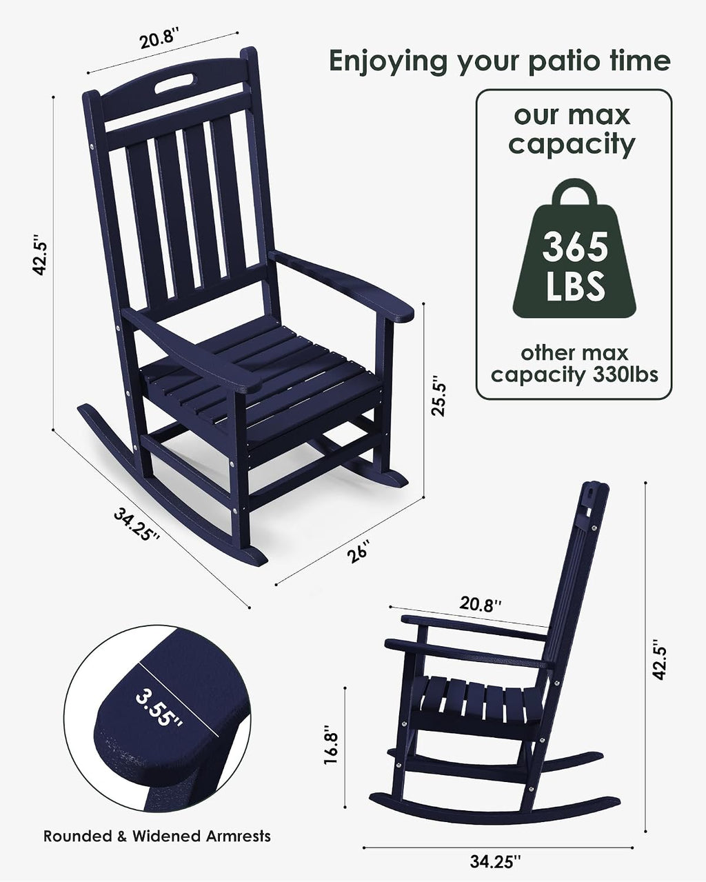 Outdoor Rocking Chair Set of 4, All-Weather Resistant Poly Lumber Rocker Chair Outdoor, High Back Plastic Patio Rocking Chairs for Outside Porch Rocker Garden Lawn, Navy Blue