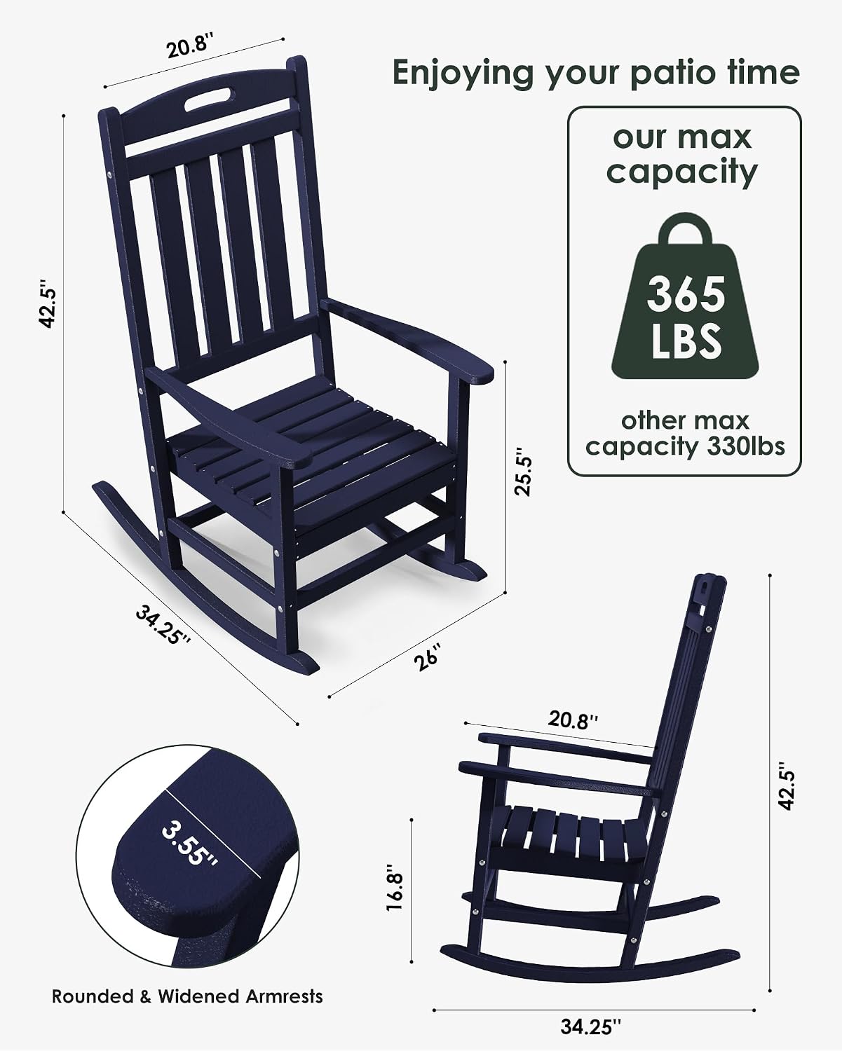 Outdoor Rocking Chair Set of 4, All-Weather Resistant Poly Lumber Rocker Chair Outdoor, High Back Plastic Patio Rocking Chairs for Outside Porch Rocker Garden Lawn, Navy Blue