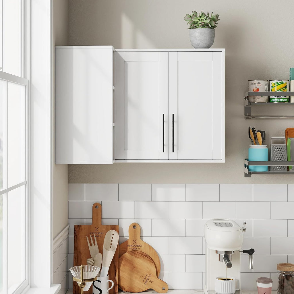 L Shape Wall Mounted Storage Cabinet, White Floating Sideboard Buffet Cabinet with 2 Doors & 3 Open Shelves, Wall Storage Organizer for Kitchen Dining Room