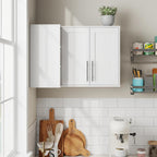 L Shape Wall Mounted Storage Cabinet, White Floating Sideboard Buffet Cabinet with 2 Doors & 3 Open Shelves, Wall Storage Organizer for Kitchen Dining Room