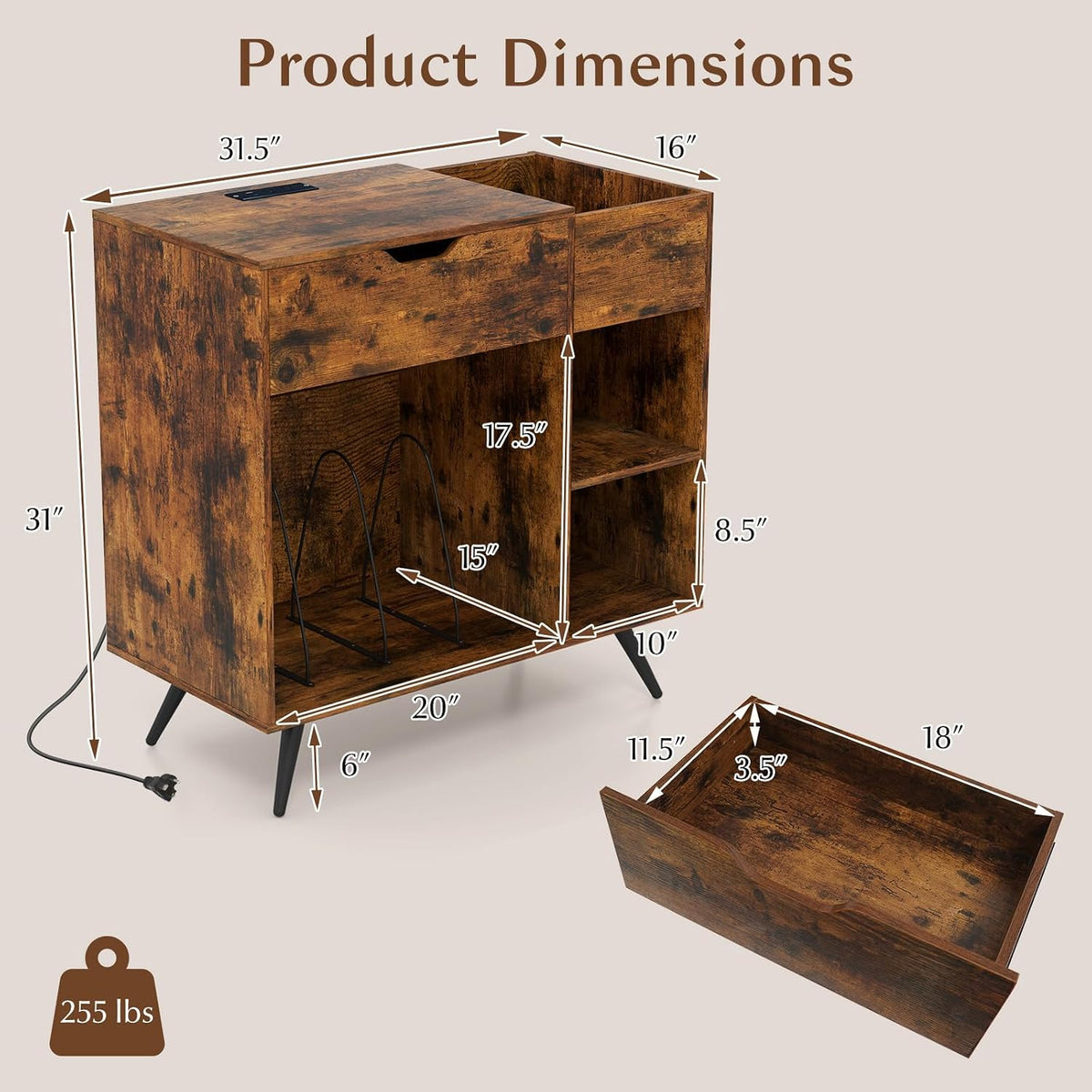 LOKO Record Player Stand with Charging Station, Vinyl Record Holder with Removable Divider, Industrial Turntable Display Stand, Record Storage Table Cabinet for Living Room, Bedroom, Rustic Brown