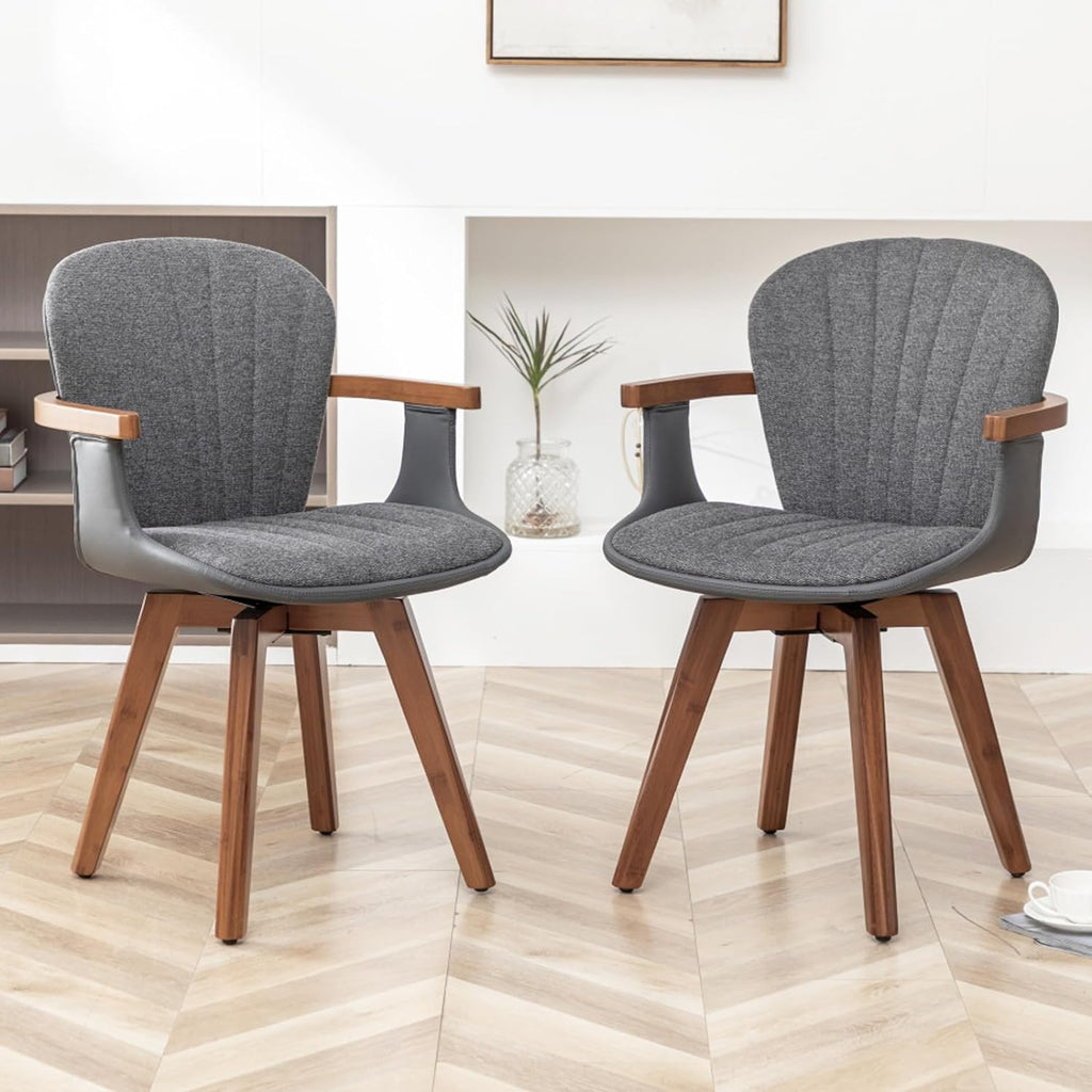 LUNLING Swivel Dining Chairs Set of 2, Mid Century Modern Gray Fabric+Faux Leather Kitchen Chairs with Arms,Bamboo Legs Side Chairs No Wheels,Accent Chair for Dining Rooms and Offices(Gray Fabric)