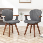 LUNLING Swivel Dining Chairs Set of 2, Mid Century Modern Gray Fabric+Faux Leather Kitchen Chairs with Arms,Bamboo Legs Side Chairs No Wheels,Accent Chair for Dining Rooms and Offices(Gray Fabric)