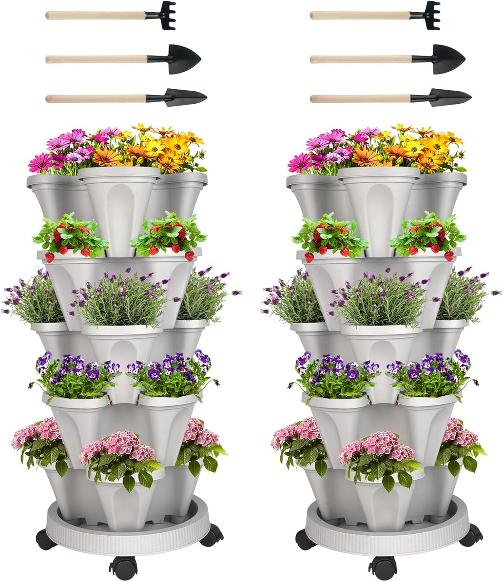 Vertical Planter 5 Tier Stackable Planters Garden Planters Strawberry Herb Flower and Vegetable Planter Indoor Outdoor Gardening Pots with Removable Wheels and Tools 2-Pack
