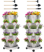 Vertical Planter 5 Tier Stackable Planters Garden Planters Strawberry Herb Flower and Vegetable Planter Indoor Outdoor Gardening Pots with Removable Wheels and Tools 2-Pack