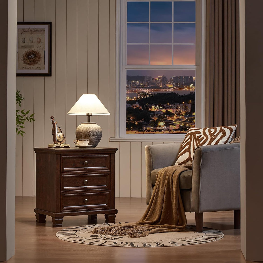 SAVOR LIFE 3-Drawer Nightstand Set of 2 with Solid Wood Legs,Walnut | Pair of three-drawer bedside tables with sturdy square wood legs for matching bedroom storage or living-room end tables