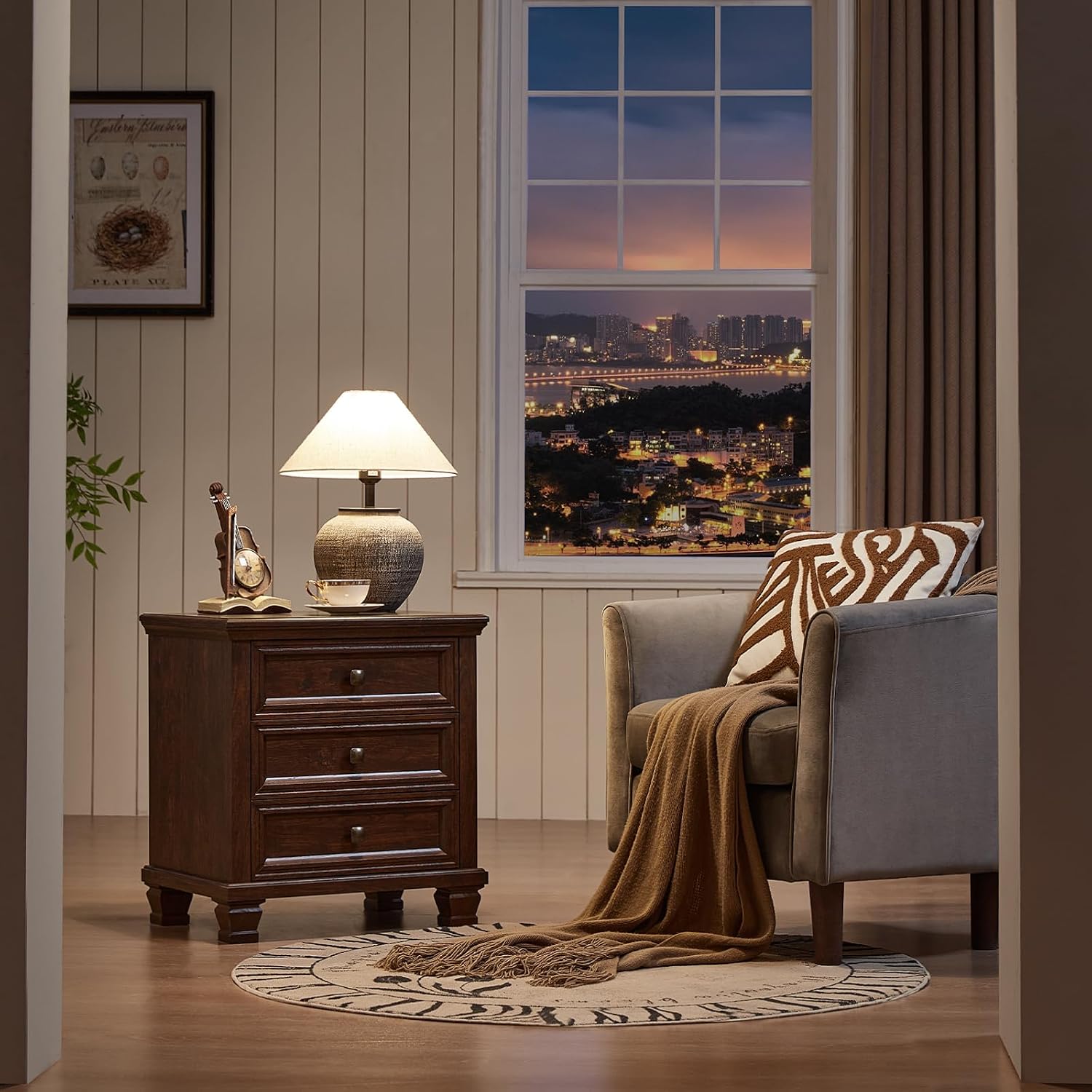 SAVOR LIFE 3-Drawer Nightstand Set of 2 with Solid Wood Legs,Walnut | Pair of three-drawer bedside tables with sturdy square wood legs for matching bedroom storage or living-room end tables