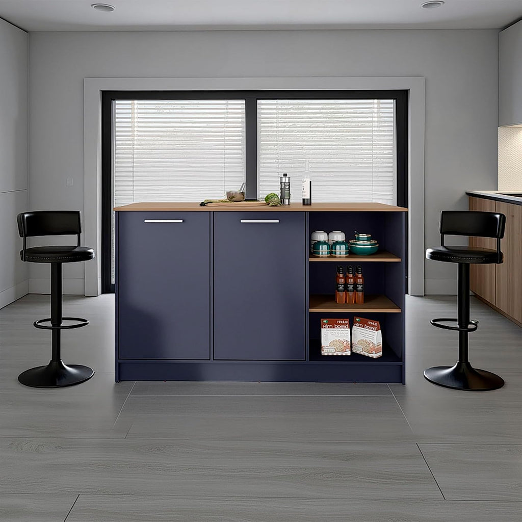 Kitchen Island with 2 Doors and 7 Shelves Alby Blue/Natural Oak | Combines Alby Blue and Natural Oak finishes for modern warm aesthetic