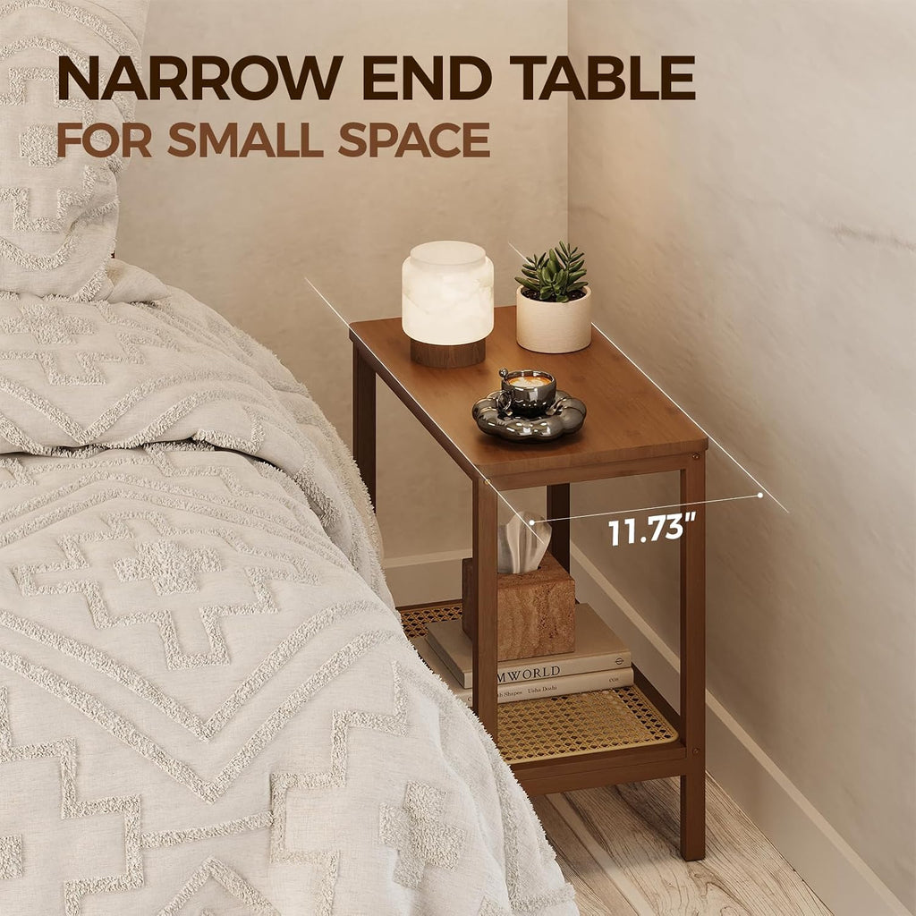 Rattan Side Table Mid Century Modern End Table Living Room 2-Tier End Table with Rattan Storage Shelves for Small Space Night Stand Narrow Coffee Table Boho Bamboo Small Bedside Table