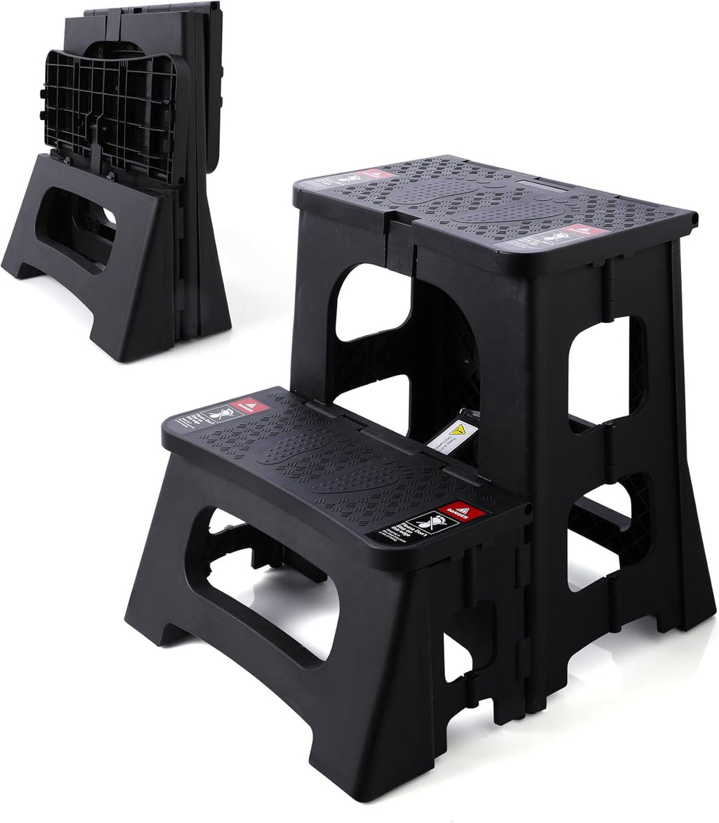 Folding Step Stool, 2-Step 8" 17", Non-Slip, 300lb Capacity | No Assembly, Stable A-Frame, Safety Lock, Anti-Slip Rubber Feet, Collapsible Stool for Kitchen Bathroom Bed RV Offic Garden
