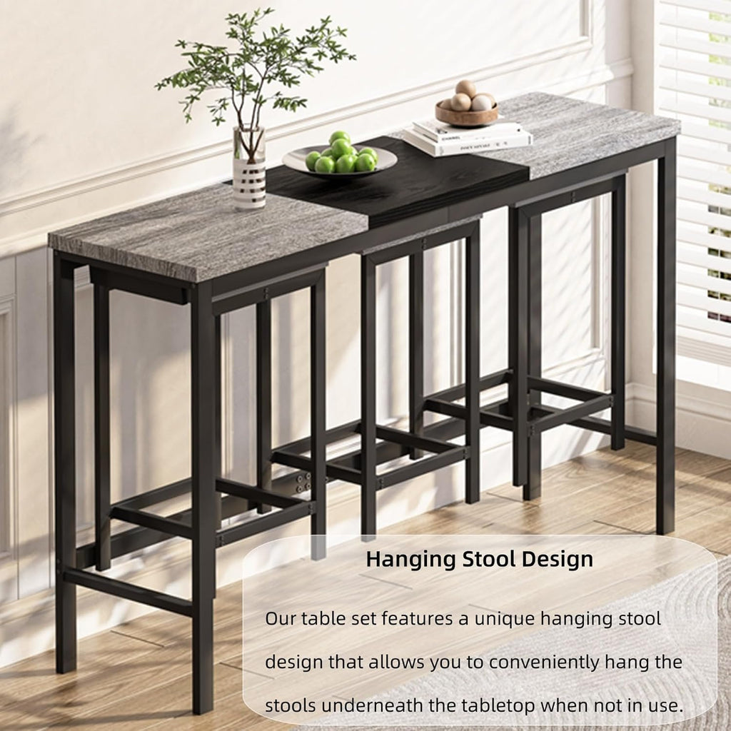 KEIKI 60.24” Long Bar High Top Dining Table and 3 Hanging Stools Chairs Set, Wood Behind Couch Sofa Counter Height Pub Furniture for Breakfast, Kitchen Living Party Room, Gery & Black
