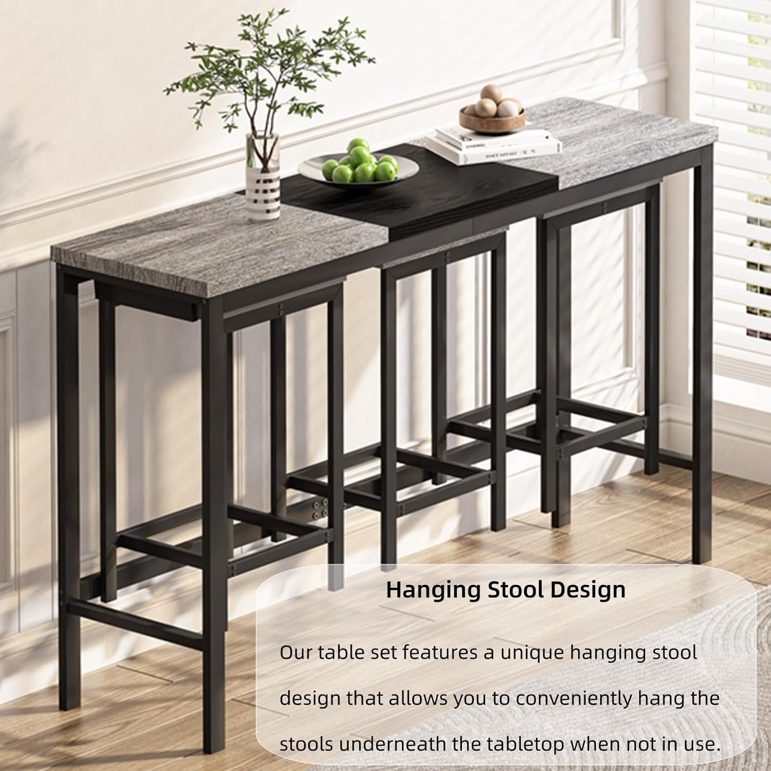 KEIKI 60.24” Long Bar High Top Dining Table and 3 Hanging Stools Chairs Set, Wood Behind Couch Sofa Counter Height Pub Furniture for Breakfast, Kitchen Living Party Room, Gery & Black