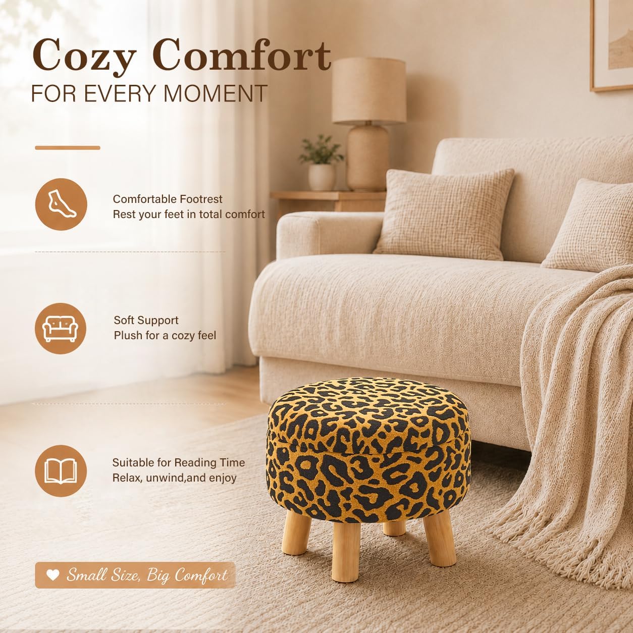 Wimarsbon Storage Ottoman, Modern Round Footrest with Soft Padded Seat, Pattern Velvet Footstool with Wood Legs, Accent Small Table or Plant Stand for Hallway, Living Room (Orange)