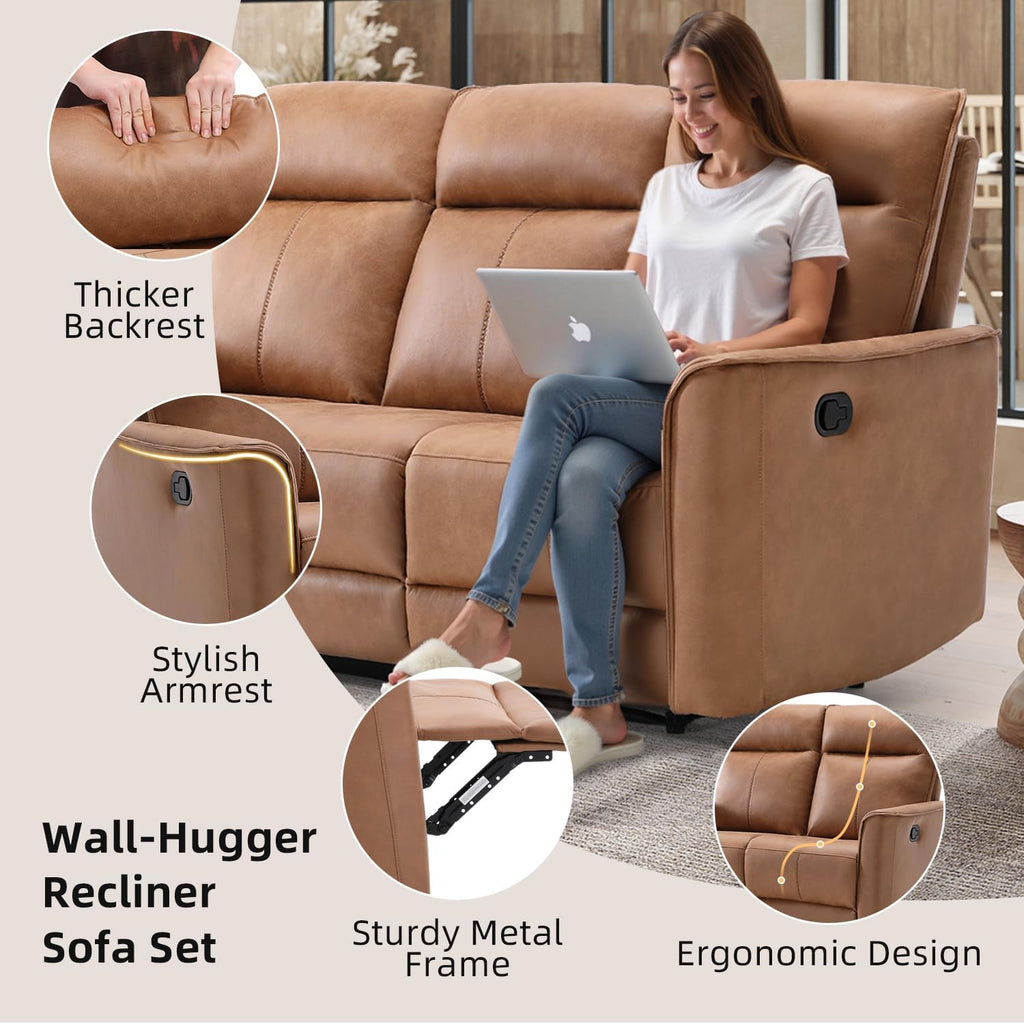CANMOV Manual Loveseat Recliner Sofa, Wall-Hugger 2 Seat Reclining Love Seat Couches, Leathaire Reclining Sofa Set, Double Seater Recliner Chair for Living Room, Office, Apartment, Brown