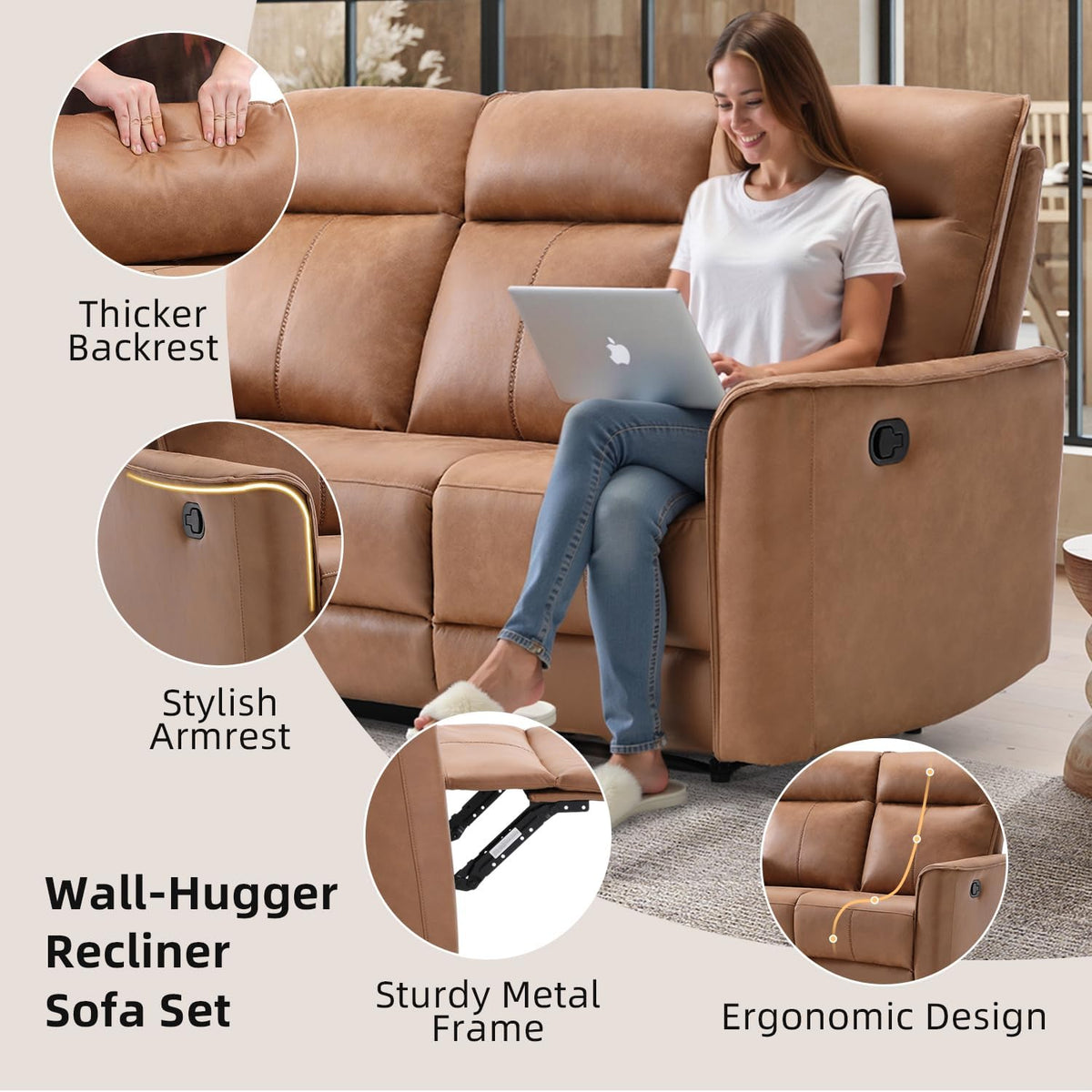 CANMOV Manual Loveseat Recliner Sofa, Wall-Hugger 3 Seat Reclining Love Seat Couches, Leathaire Reclining Sofa Set, 3-Seater Recliner Chair for Living Room, Office, Apartment, Brown