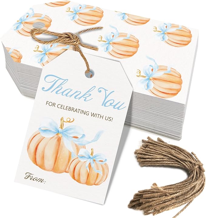 50pcs Little Pumpkin Thank You Tags, Pumpkin Bow Fall Theme Favor Tags for Boy Coquette Baby Shower and Birthday Party Gift Wrapping Decoration (Blue Bow)