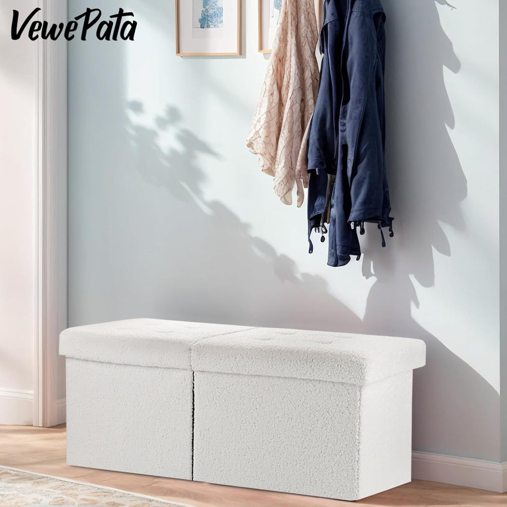 Storage Ottoman Bench, 34" Teddy Velvet Folding Foot Rest, White | Large Ottoman with Storage, Thicker Foam Padded Seat, 34 x 13 x 13in, Livingroom, Dorm, Bedroom, Easy to install, 86L