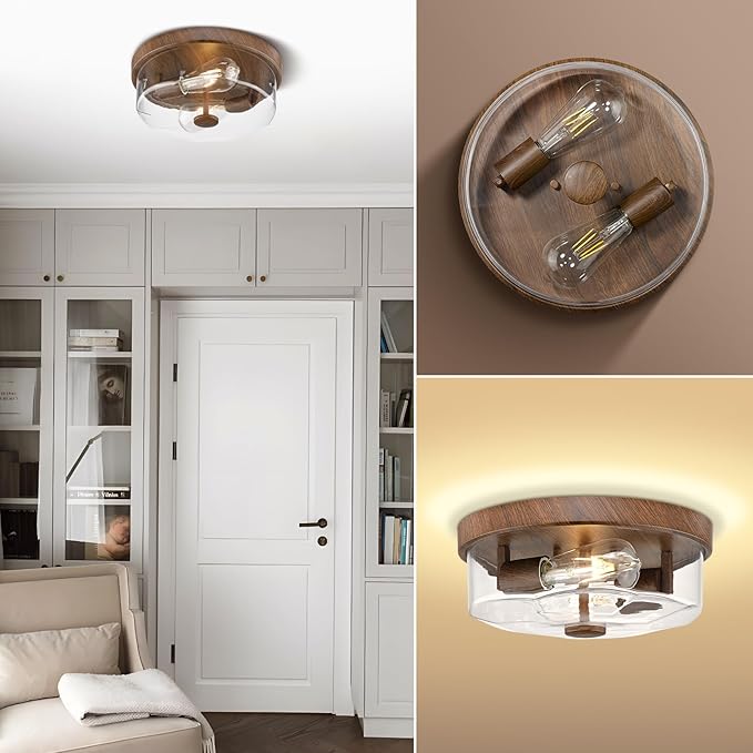 Flush Mount Ceiling Light with Clear Glass Shade, 2-Light Indoor Outdoor Farmhouse Lighting Flush Mount Lights for Kitchen Bedroom Porch Living Dining Room (Wood)