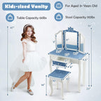 HONEY JOY Kids Vanity, Snowflake Themed Princess Makeup Vanity Set for Little Girls, Real Glass Tri-Folding Mirror, Bedroom Dressing Table & Chair Set, Wooden Girls Vanity Set w/Mirror and Stool(Blue)