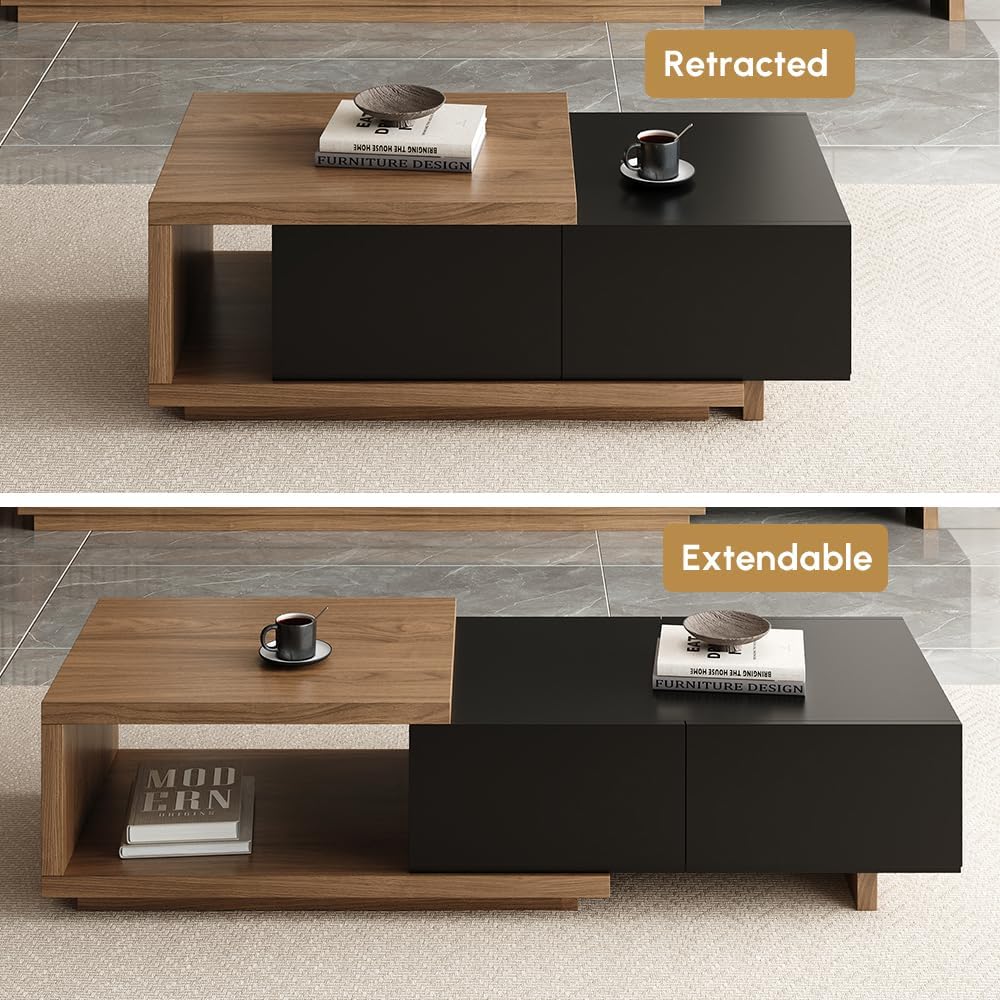 homary Modern Mid-Century Coffee Table and TV Stand Set of 2, Extendable Entertainment Center Set for Living Room (Black & Walnut)
