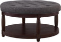 RENSGO 32.5" Large Round Upholstered Tufted Linen Ottoman Coffee Table, Large Footrest Ottoman with Wood Shelf Storage- Dark Grey