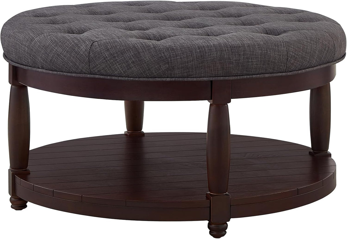 RENSGO 32.5" Large Round Upholstered Tufted Linen Ottoman Coffee Table, Large Footrest Ottoman with Wood Shelf Storage- Dark Grey