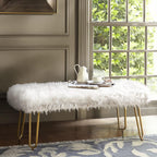 White Faux Fur Ottoman Bench Upholstered Furry Entryway Bedroom Bench with Gold Metal Legs, Modern Contemporary Long Bench Ottoman Hair Foot Rest Stool for Entryway, Living Room, Bedroom