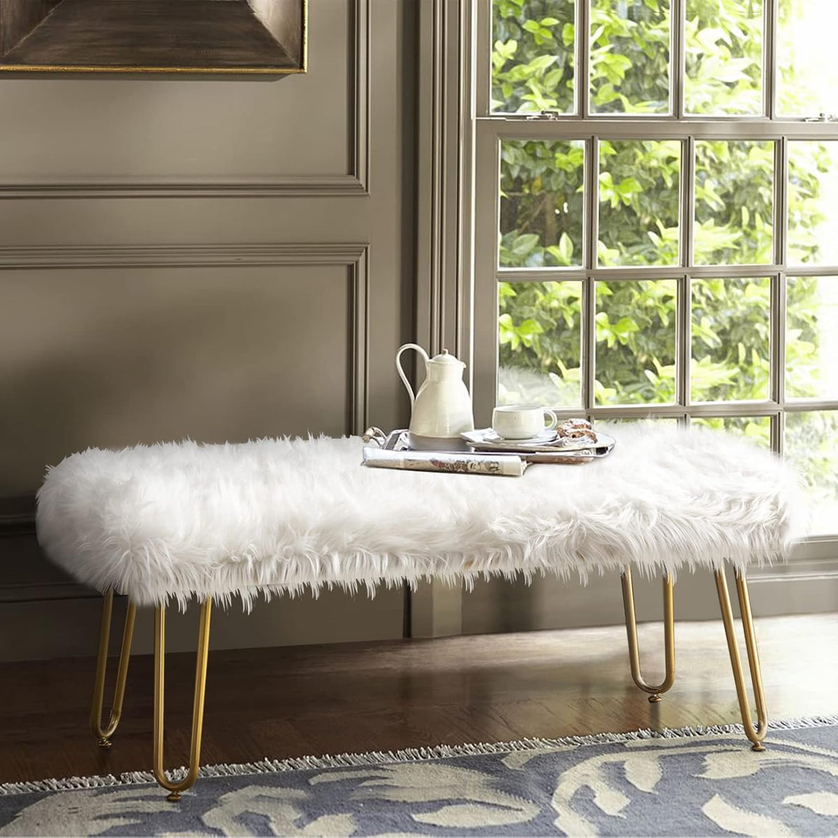 White Faux Fur Ottoman Bench Upholstered Furry Entryway Bedroom Bench with Gold Metal Legs, Modern Contemporary Long Bench Ottoman Hair Foot Rest Stool for Entryway, Living Room, Bedroom
