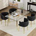 Modern Gold Glass Dining Table Set for 4, 51'' Clear Glass Top Rectangular Dinner Room Table Set, 5 PCS Luxury Kitchen Table Set, Black Woven Chair for Kitchen Apartment Living Room