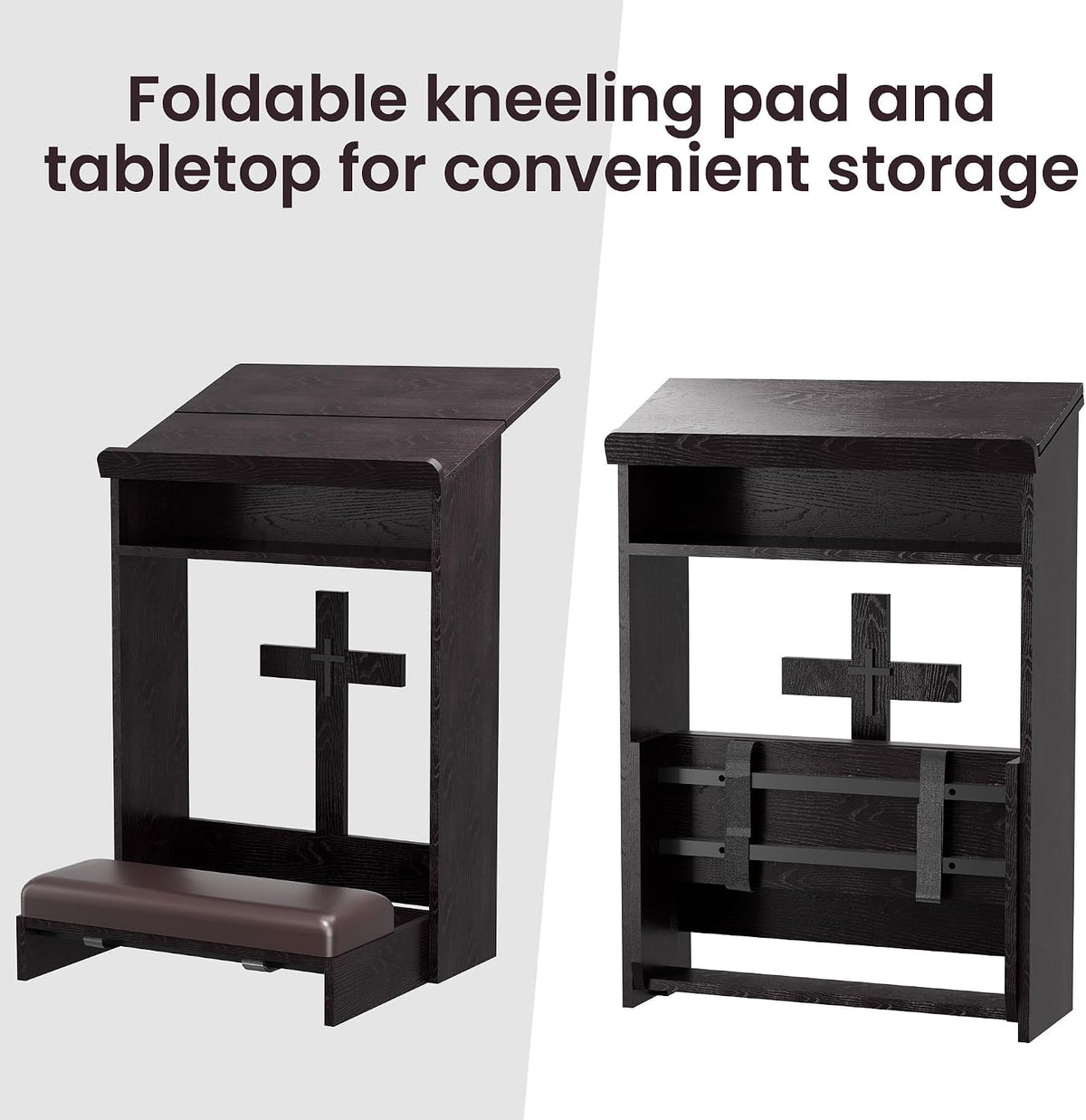 Foldable Prayer Kneeler, Wooden Prayer Bench with Storage Shelf, Cushion Pad, Rounded Corner Bookend and Customizable Cross Decoration, Reinforced Steel Tube Base Design (Dark Brown)