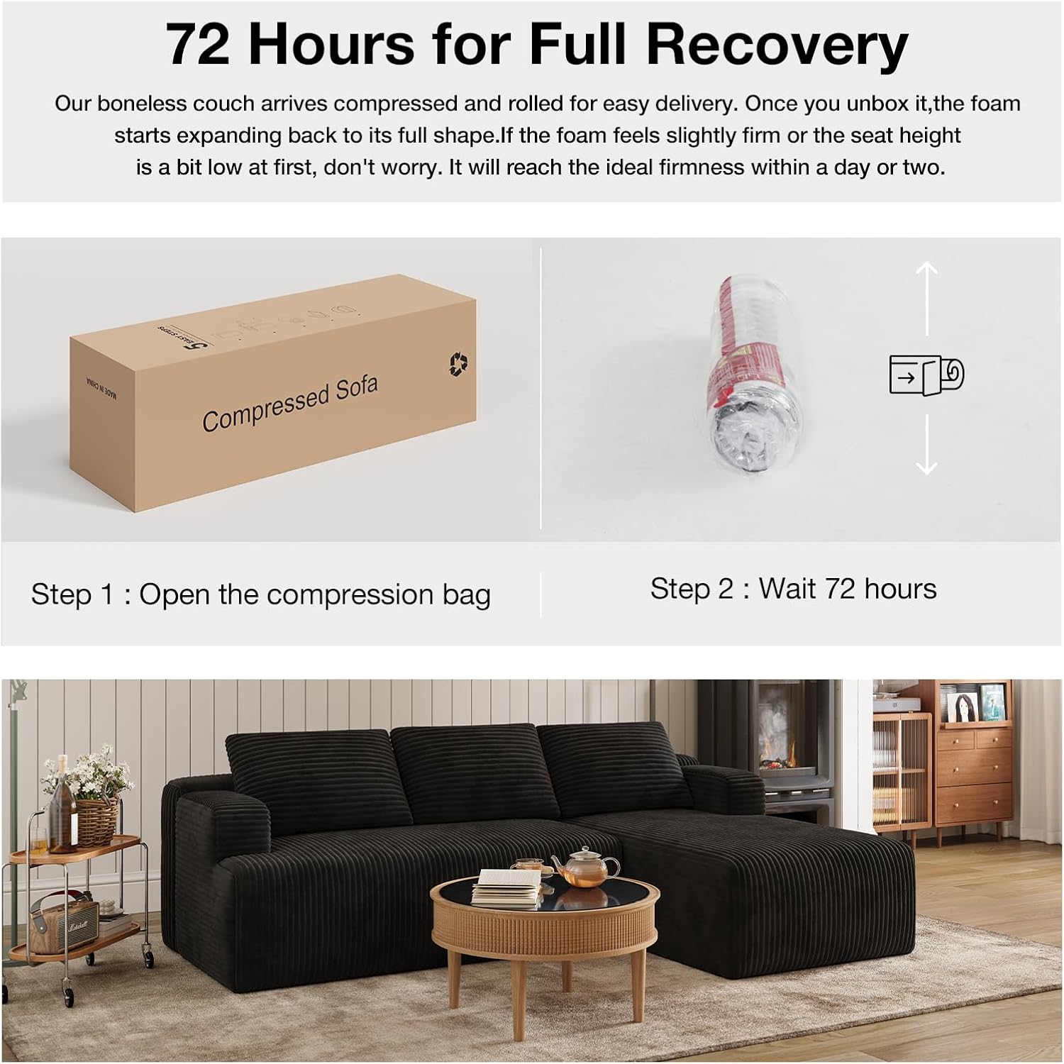 Novilla L-Shape Sectional Couches for Living Room with Smarts Coil® Support, 3 Seater Sectional Sofas for Living Room Bedroom, Corduroy Cloud Couch Sectional, No Assembly(Black, Right Hand Facing)
