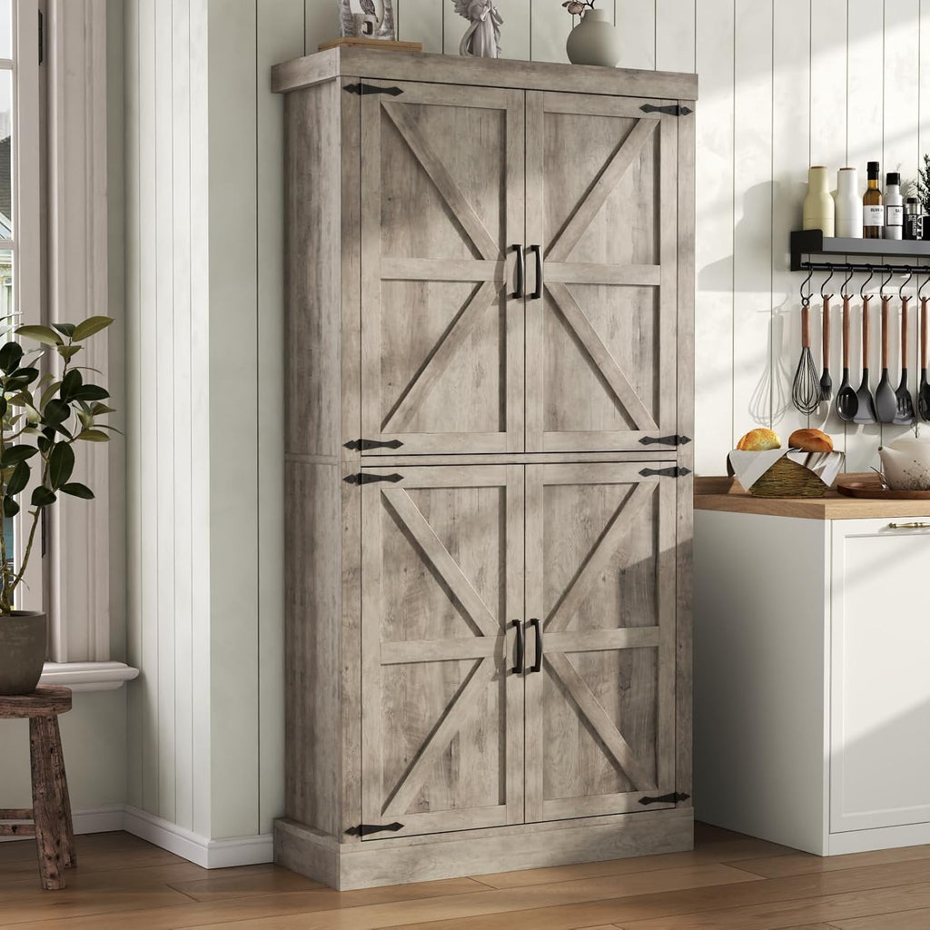 Farmhouse Kitchen Pantry Cabinet,69.1" Tall Kitchen Storage Cabinet with Adjustable Shelf,Modern Bathroom Storage Cabinets,Freestanding Floor Cabinets Cupboard for Living Room,Dining Room (Retro Grey)