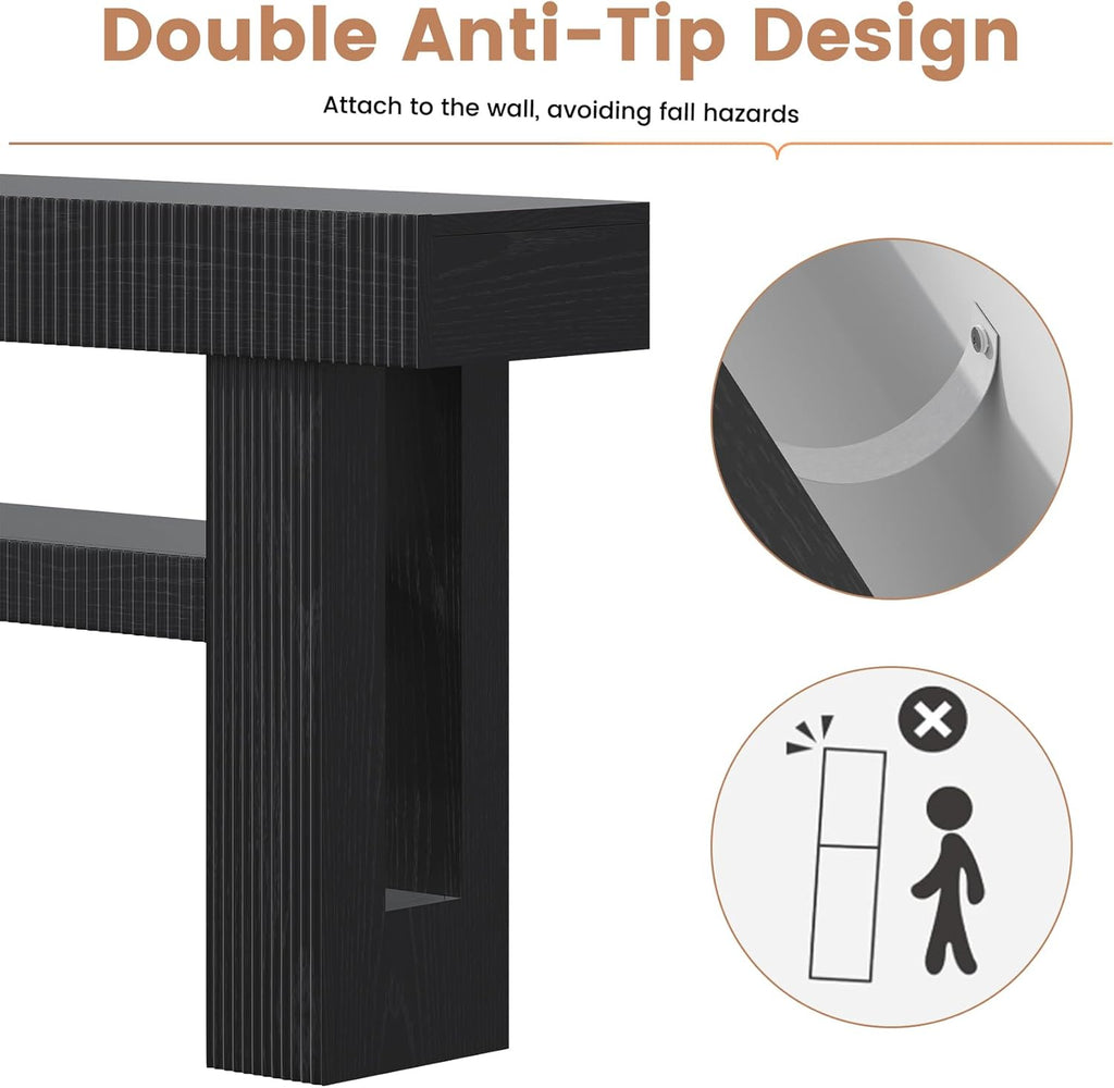 Bigbiglife 63" Fluted Console Table, Black | 2-Tier with Storage Shelves, Narrow Long Wood Design, For Entryway, Living Room, Hallway, Behind Couch or Sofa Table
