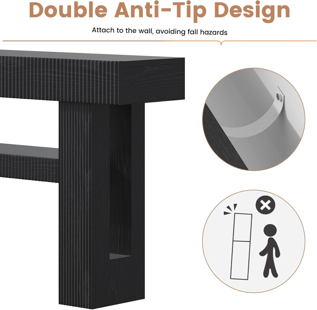 Bigbiglife 63" Fluted Console Table, Black | 2-Tier with Storage Shelves, Narrow Long Wood Design, For Entryway, Living Room, Hallway, Behind Couch or Sofa Table