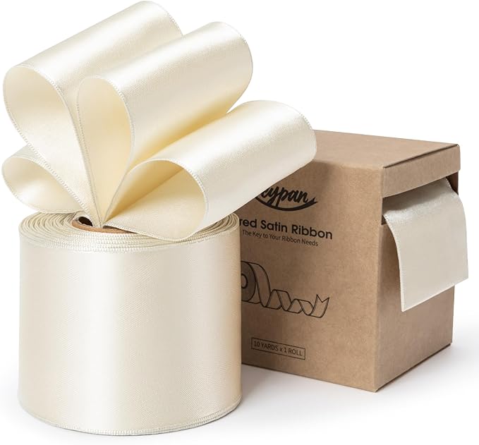 Ivory Satin Ribbon Double-Faced Wired Ribbons for Gift Wrapping Flower Bouquet Bows Wedding Invitation Christmas Decor Crafts 2-1/2 Inch 10 Yards