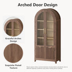 win2win Tall Arched Cabinet with Glass Doors, 69" Pantry Storage Cabinets with Fluted Doors & Adjustable Shelves, Mid Century Modern Wood Display Bookcase for Kitchen, Living Room, Bathroom, Walnut