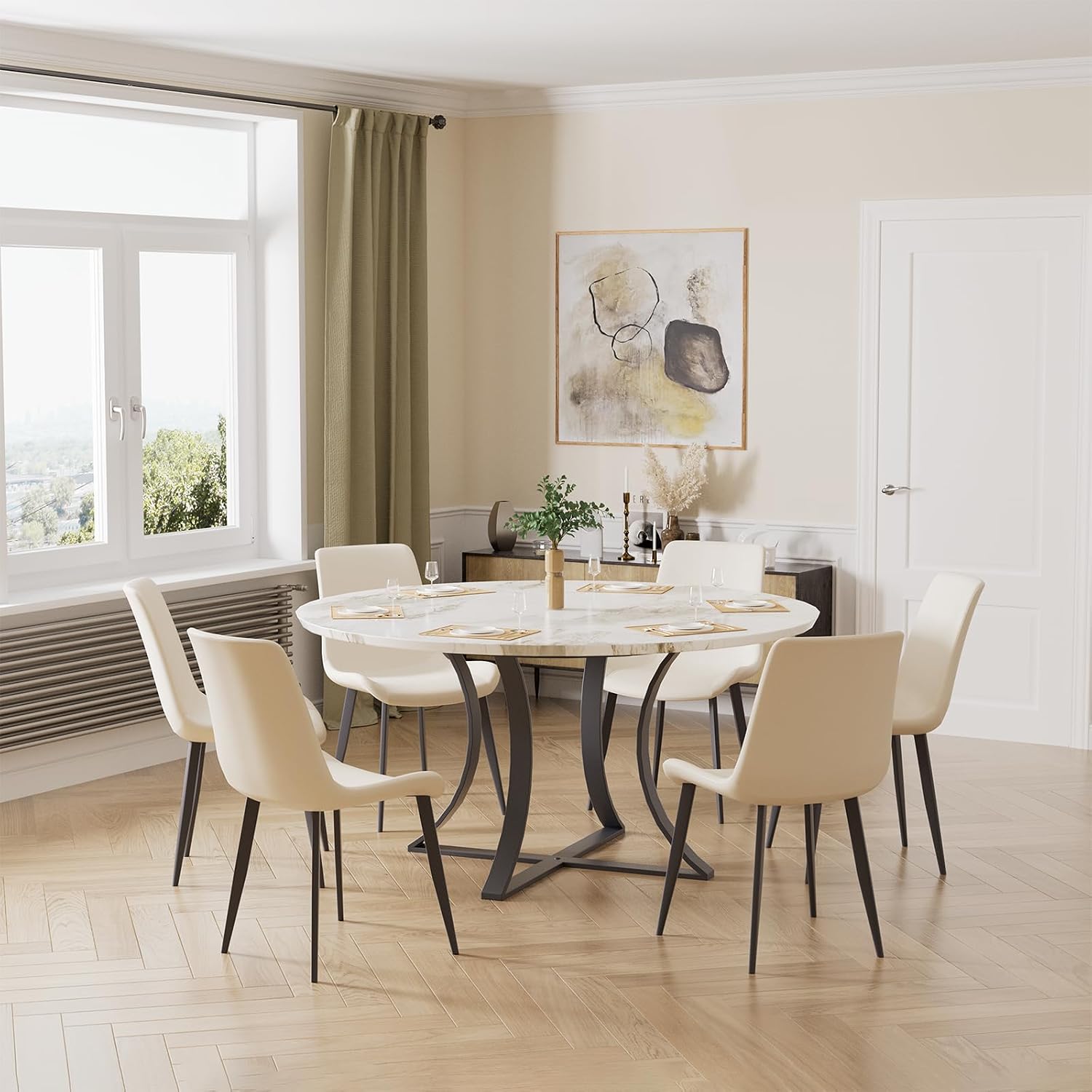 Modern Dining Chairs Set of 4, PU Leather Dining Room Chairs, Upholstered Kitchen Chairs with Ergonomic Backrest & Sturdy Metal Legs, Perfect for Dining Room, Living Room, White