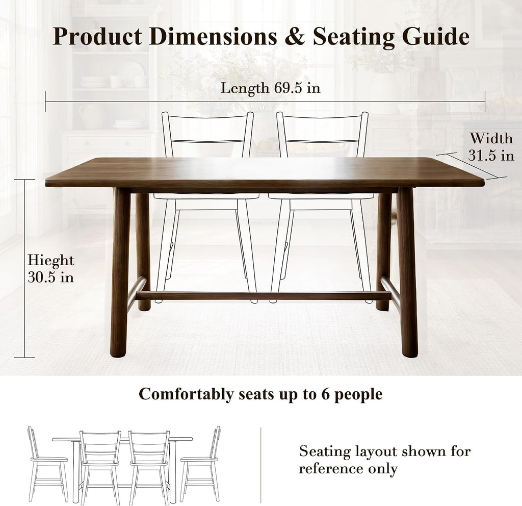 Ya-Home Walnut Dining Table, 69" Wood Kitchen Table with Solid Wood Legs, Seats 4-6, Modern Farmhouse Dinner Table for Dining Room Home Office