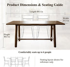 Ya-Home Walnut Dining Table, 69" Wood Kitchen Table with Solid Wood Legs, Seats 4-6, Modern Farmhouse Dinner Table for Dining Room Home Office